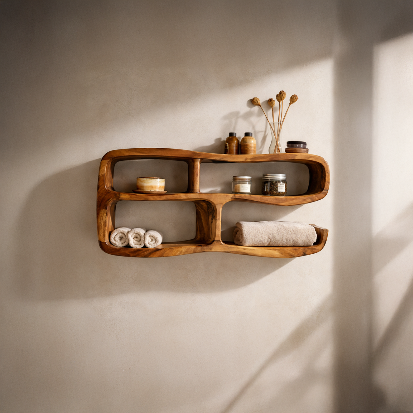 Curved Wall Mounted Shelf with Integrated Storage Compartments