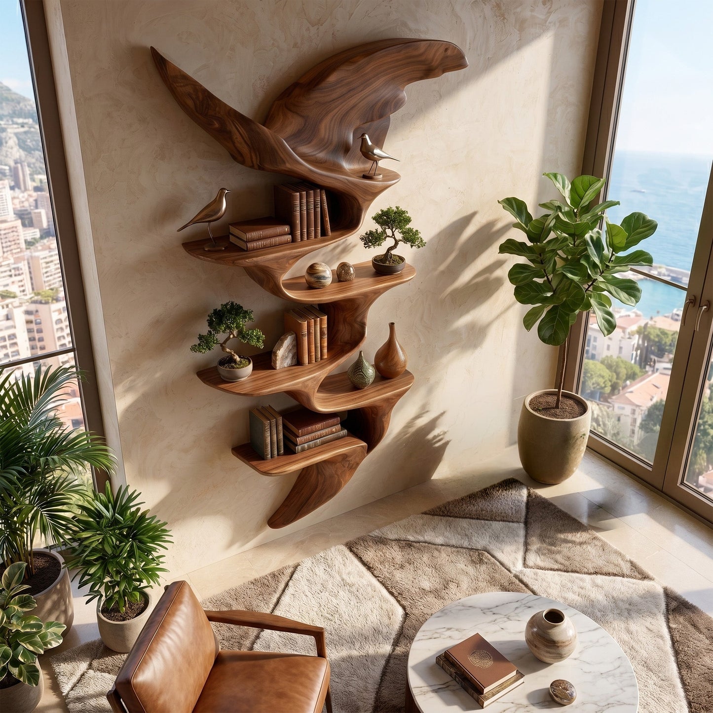 Wing Form Wood Wall Shelf With Sculptural Display