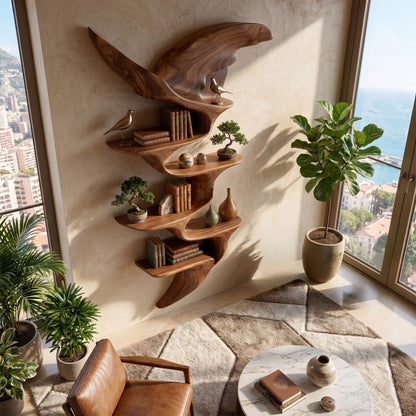 Wing Form Wood Wall Shelf With Sculptural Display