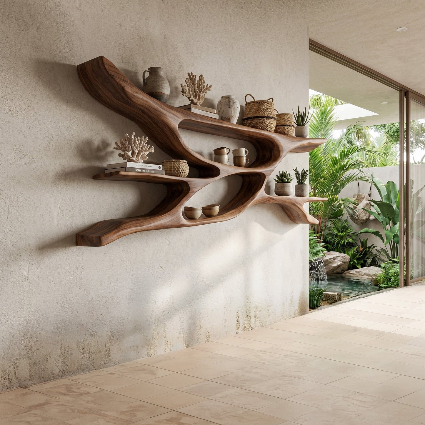 Sculptural Wood Bedroom Wall Shelf With Open Display