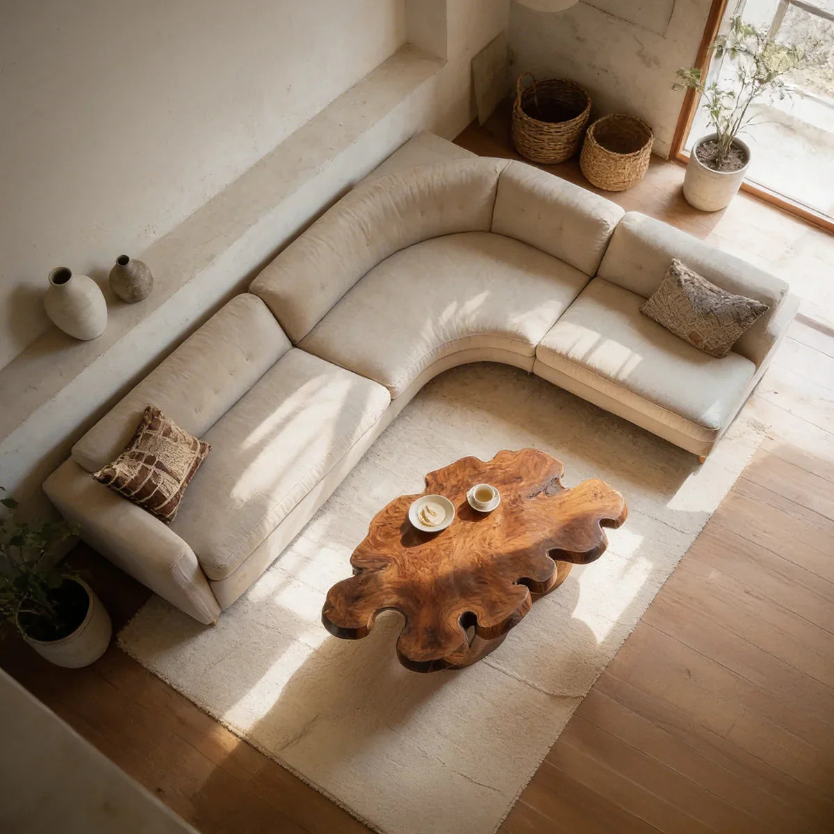 Sculptural Live Edge Natural Wood Coffee Table with Multi-Form Base