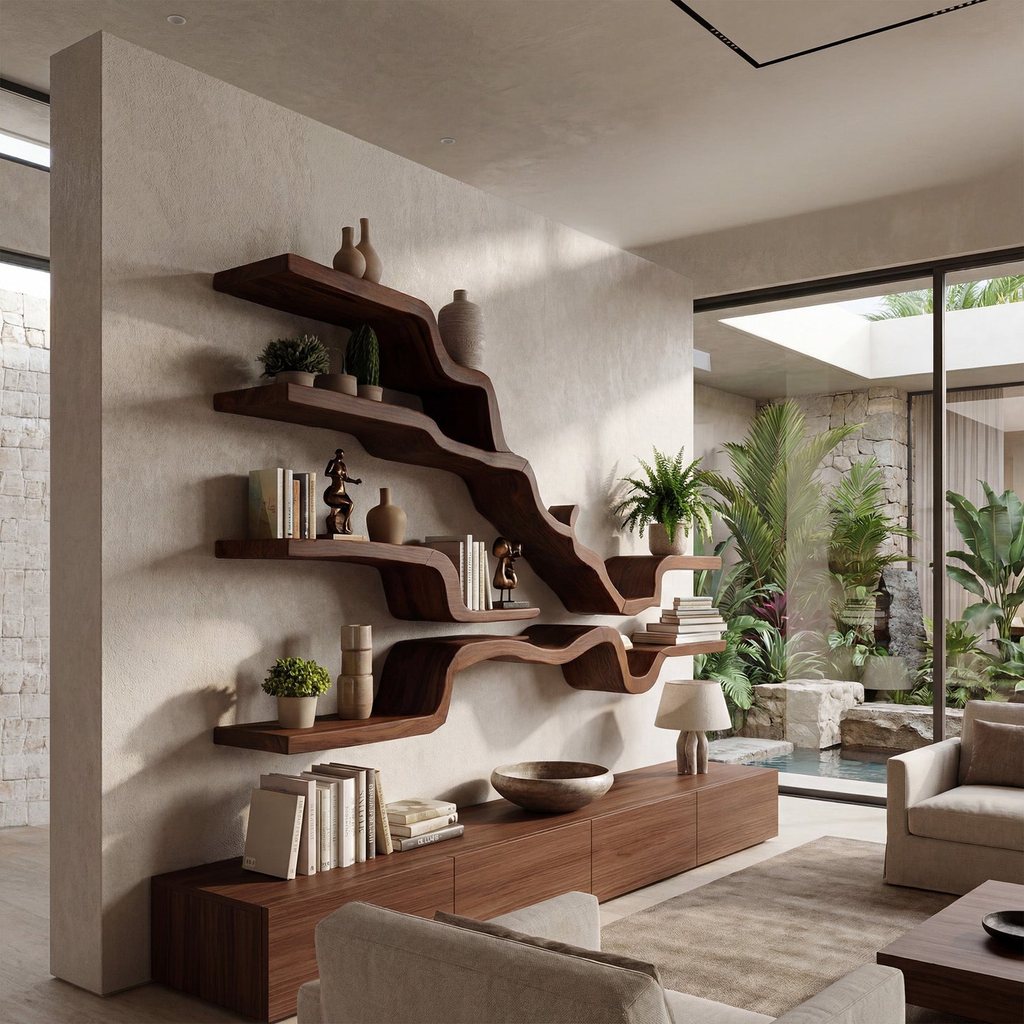 Sculptural Wall-Mounted Shelf With Flowing Open Display