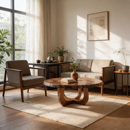 Round Natural Wood Coffee Table with Curved Open Sculptural Base