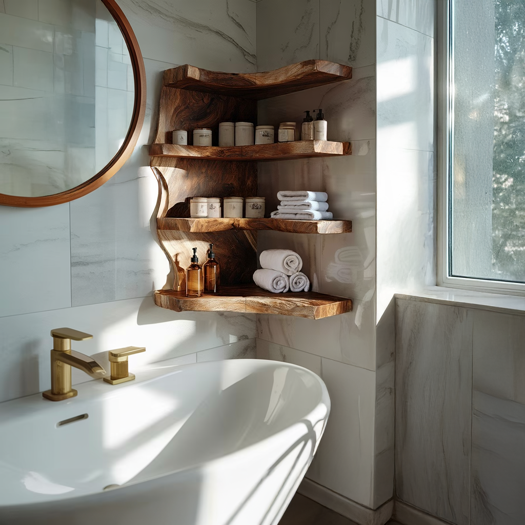 Corner Wall Shelf with Organic Curved Layers in Natural Wood