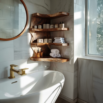 Corner Wall Shelf with Organic Curved Layers in Natural Wood