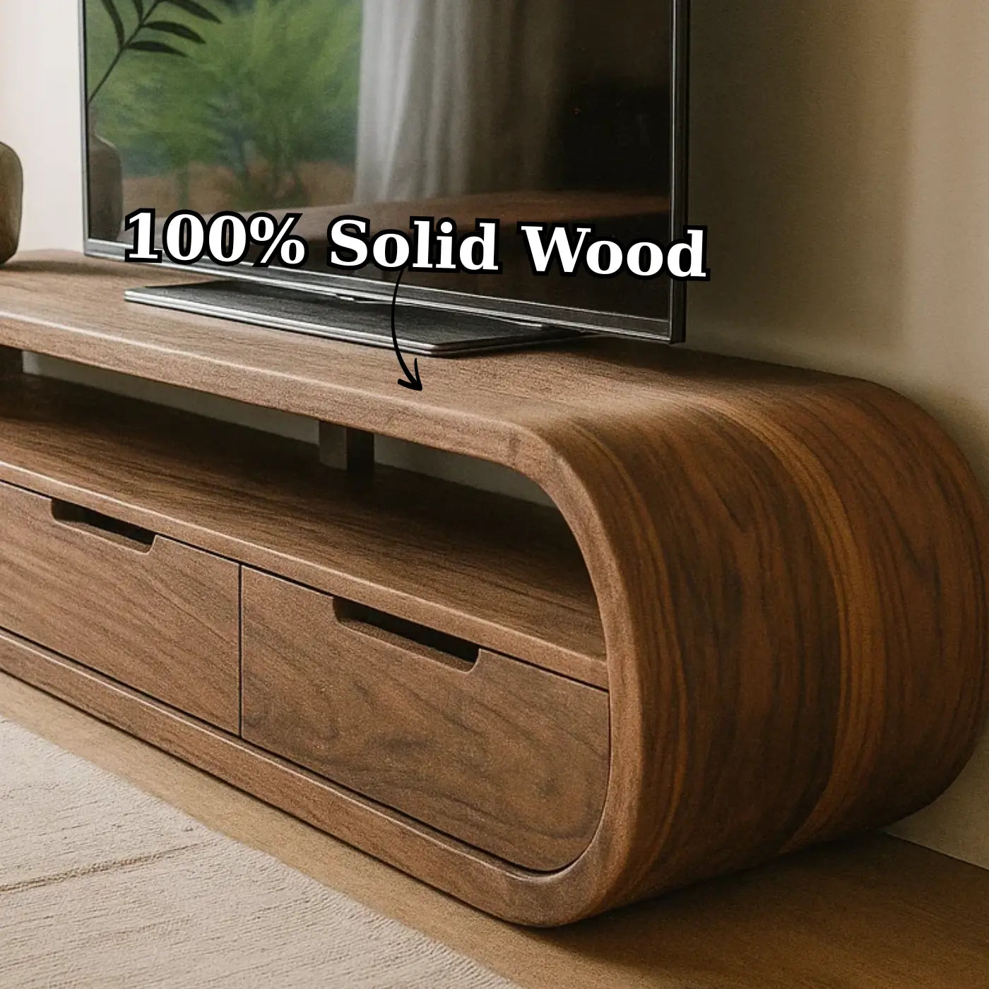 Handcrafted Solid Wood TV Stand - Modern Curved Console, Easy Assembly, 3 Drawers Kitchnce