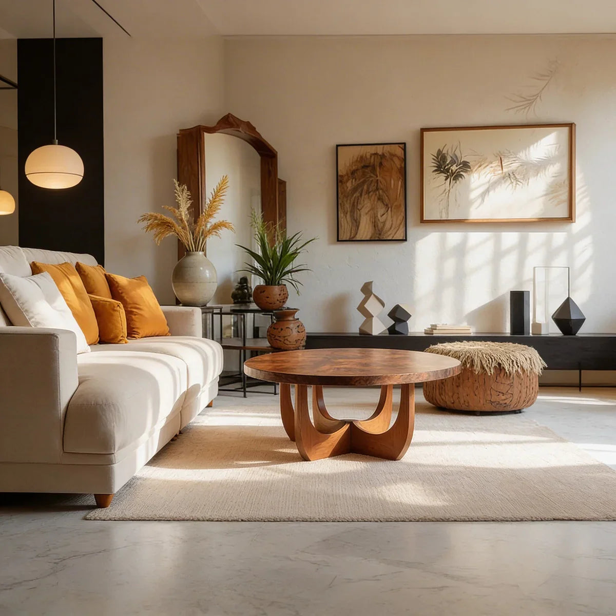 Round Natural Wood Coffee Table with Sculptural Curved Base