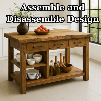Handcrafted Solid Wood Kitchen Island - Live-Edge Top, 3 Drawers & Shelves Kitchnce