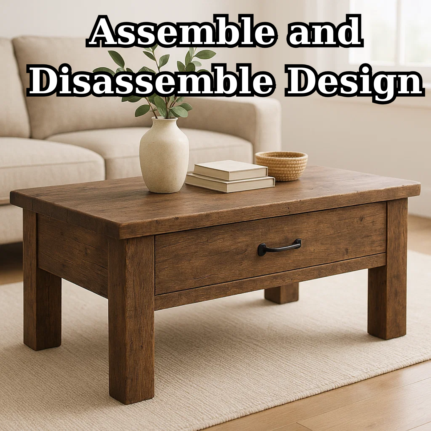 Handcrafted Solid Wood Coffee Table – Rustic Modern Storage with Single Drawer Kitchnce
