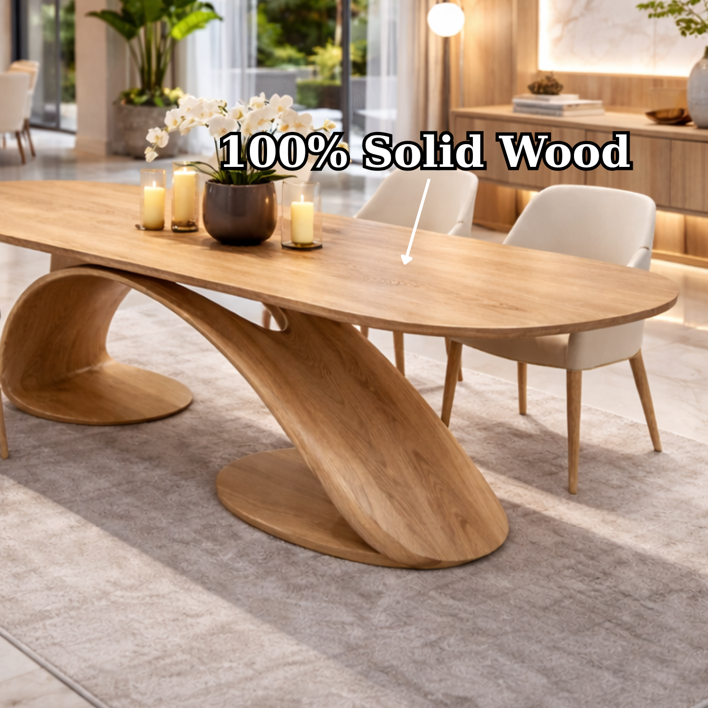 Solid Wood Oval Dining Table with Sculptural Base