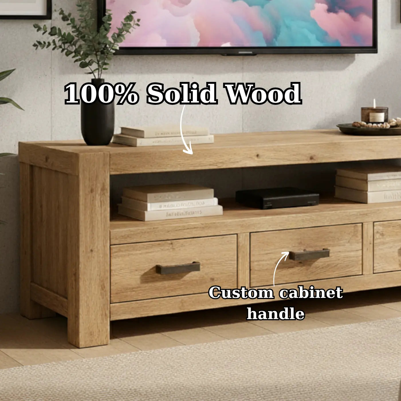 Handcrafted Solid Wood TV Stand - Chunky Rustic Media Console with 3 Drawers & Shelf Kitchnce
