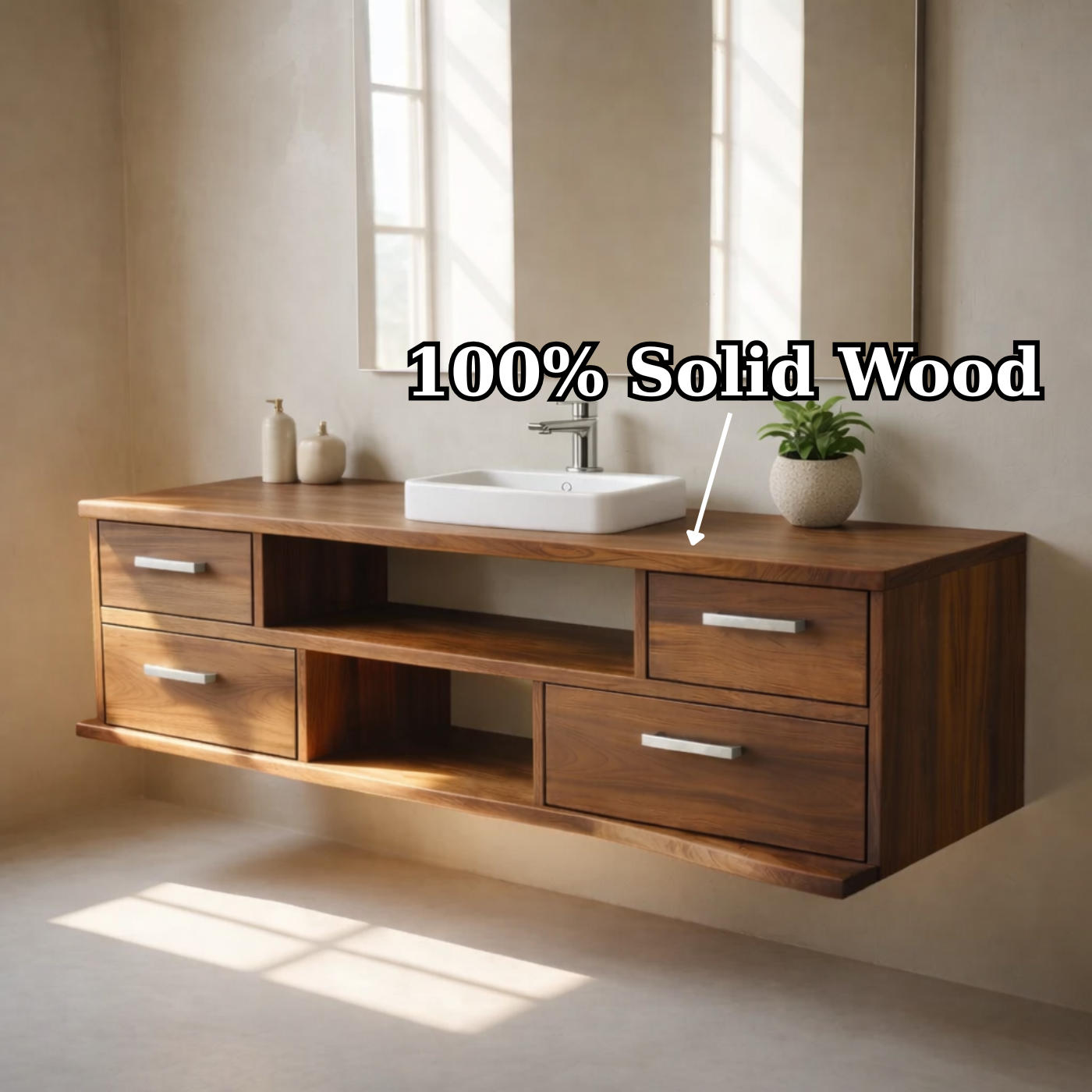 Floating Solid Wood Bathroom Vanity with Drawers and Open Shelf for Modern Bathrooms Kitchnce