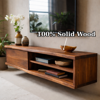 Floating Solid Wood TV Stand with Drawer and Open Shelves for Modern Living Rooms Kitchnce