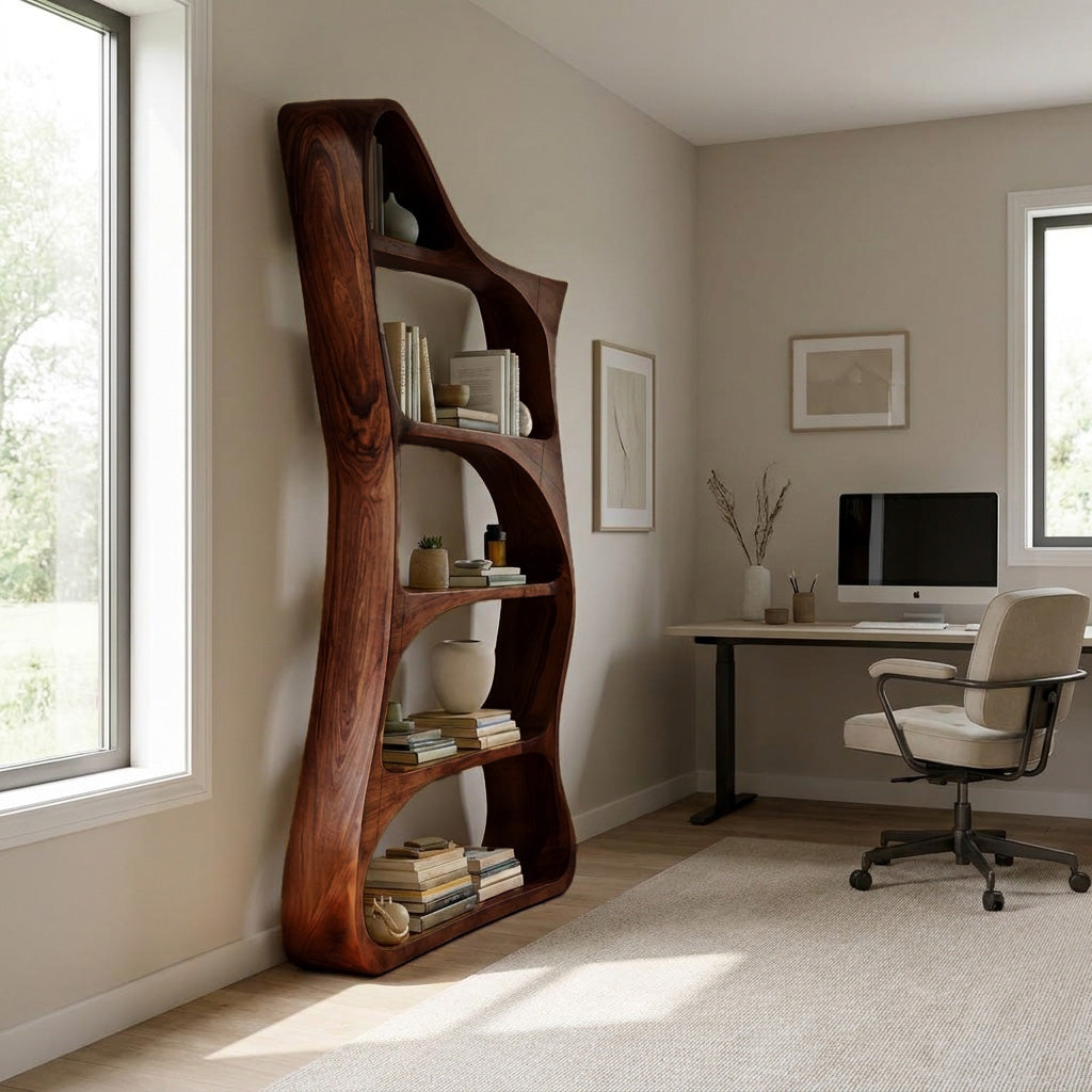 Modern Sculptural Natural Wood Bookshelf For Living Room Kitchnce