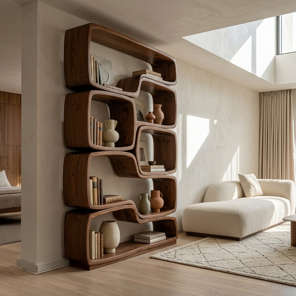 Contemporary Sculptural Natural Wood Bookshelf For Living Room Kitchnce