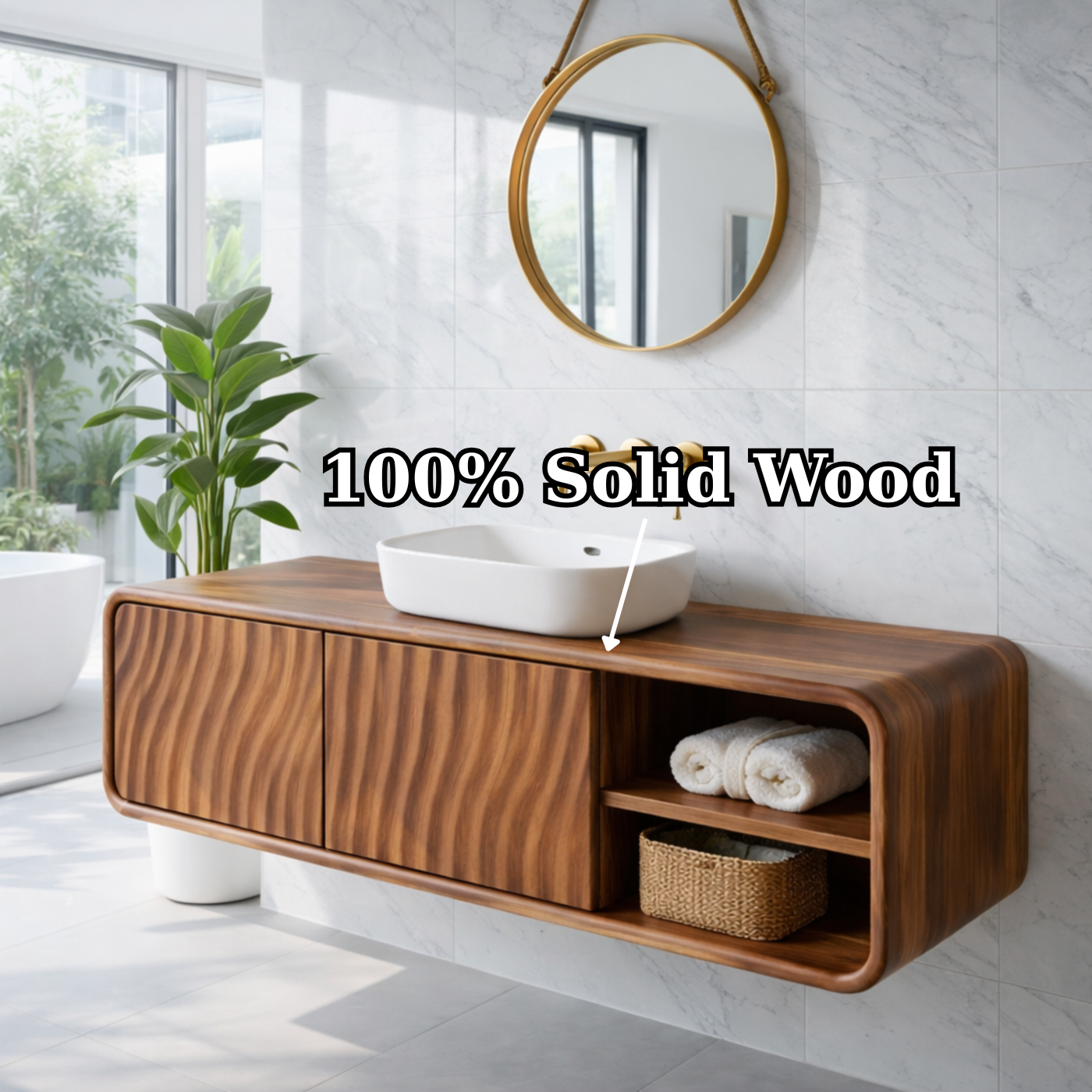 Modern Floating Solid Wood Bathroom Vanity with Wave Grain Cabinet Doors Kitchnce