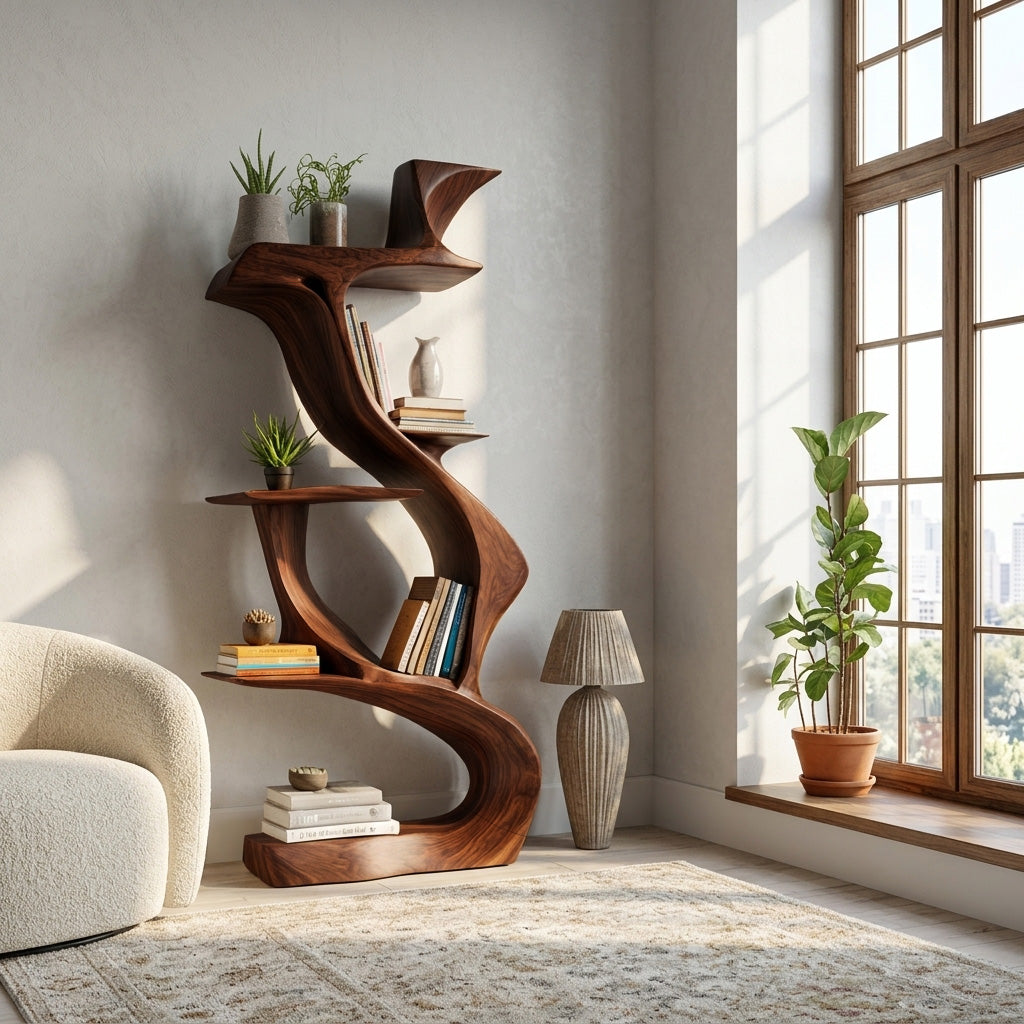 Sculptural Natural Wood Bookshelf For Living Room Kitchnce