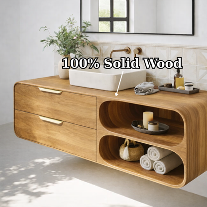 Floating Solid Wood Bathroom Vanity with Drawers and Open Curved Shelves for Modern Bathrooms Kitchnce