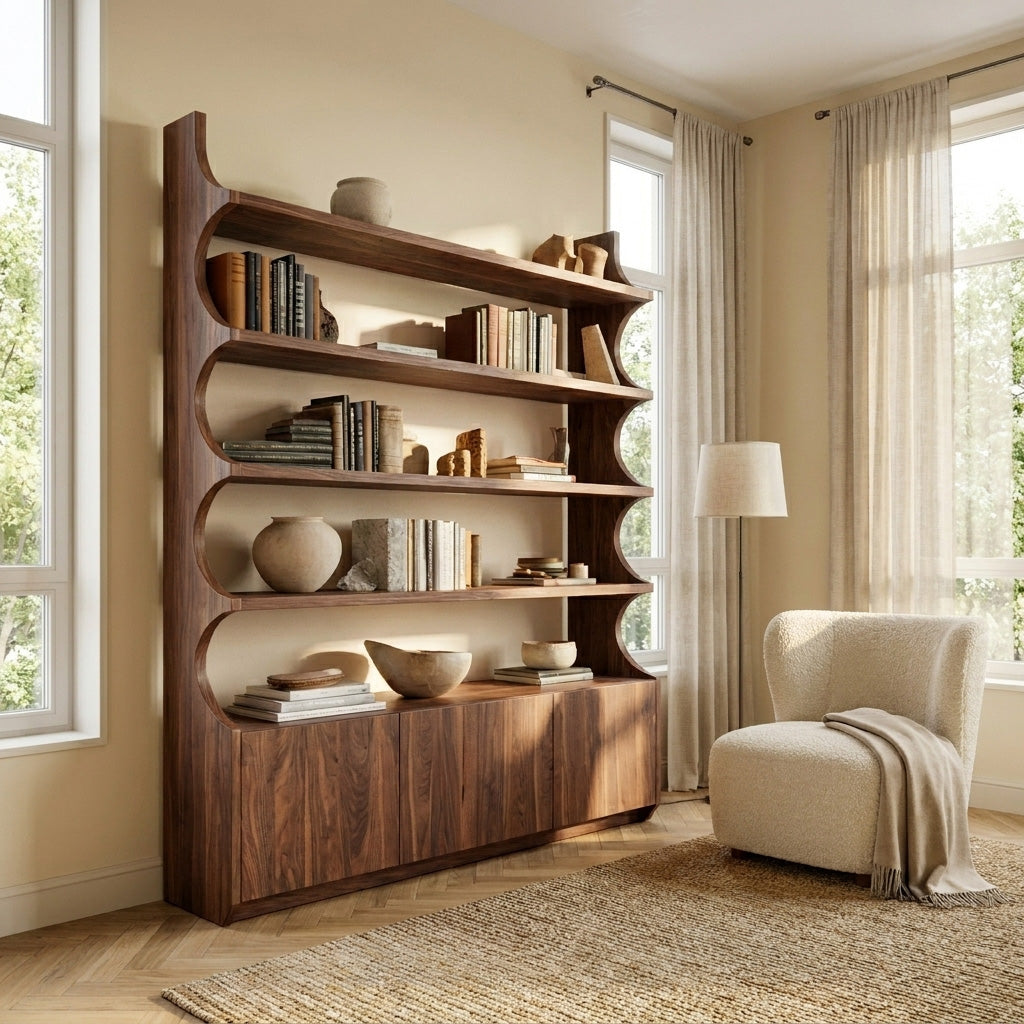 Organic Wooden Bookshelf With Curved Edges For Living Storage Kitchnce