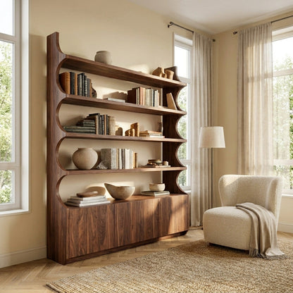 Organic Wooden Bookshelf With Curved Edges For Living Storage Kitchnce
