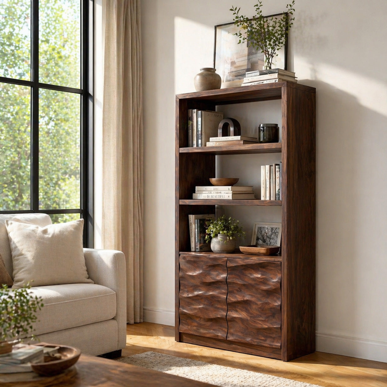 Minimal Wooden Bookshelf With Wavy Drawer Front For Home Kitchnce