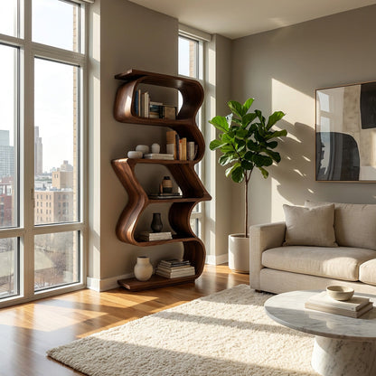 Modern Sculptural Wooden Bookshelf For Home Display Kitchnce