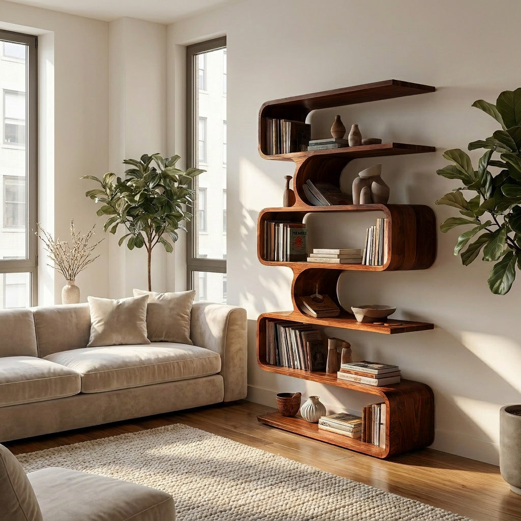 Handcrafted Wooden Bookshelf With Sculpture Edges For Living Room Kitchnce