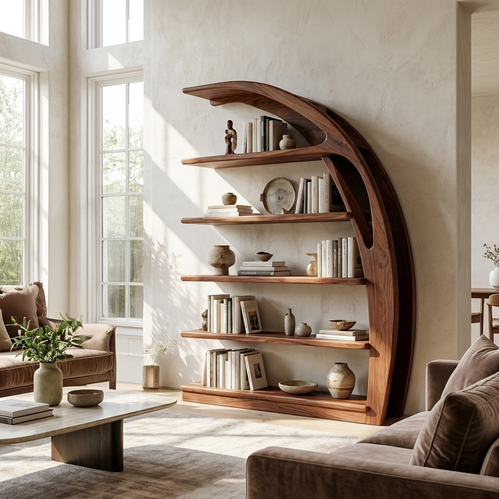 Minimal Curved Wooden Bookshelf For Living Room Display Kitchnce