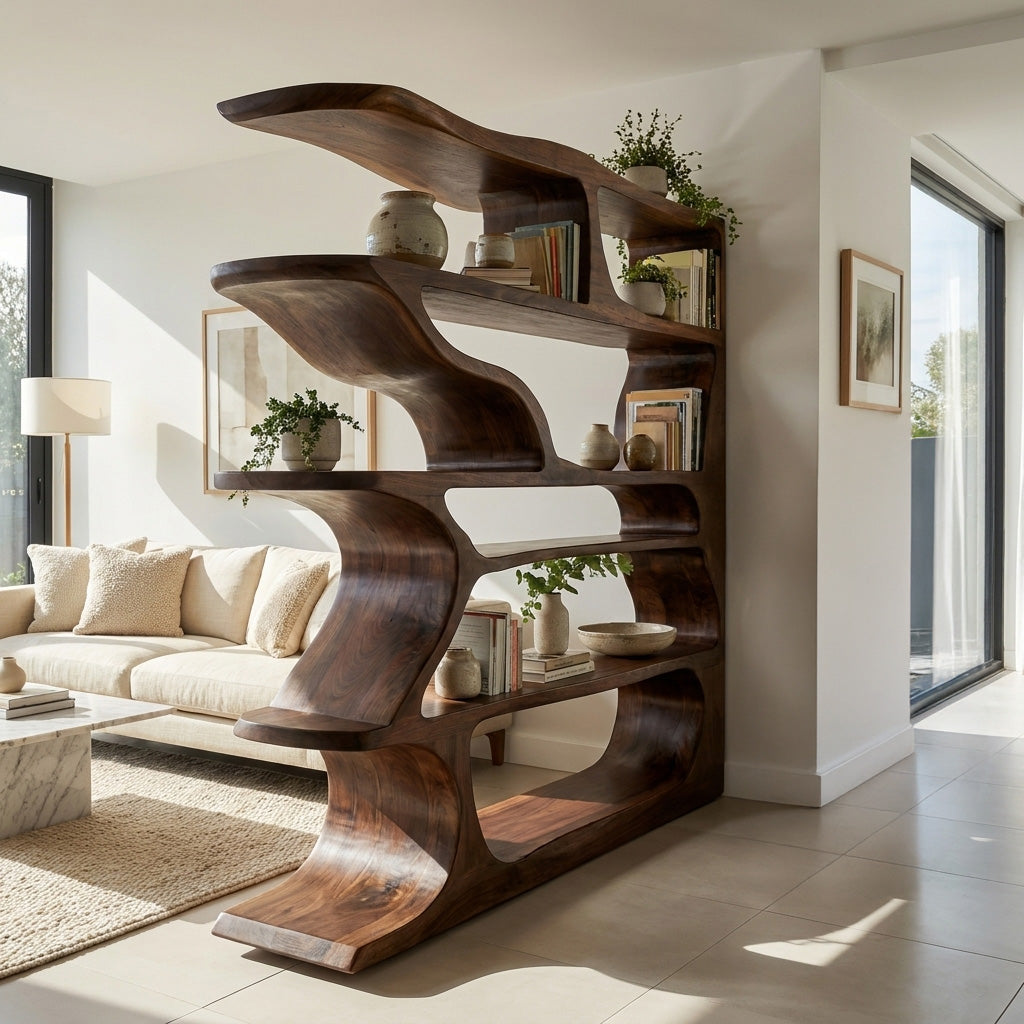 Contemporary Artistic Wooden Bookshelf For Living Room Storage Kitchnce