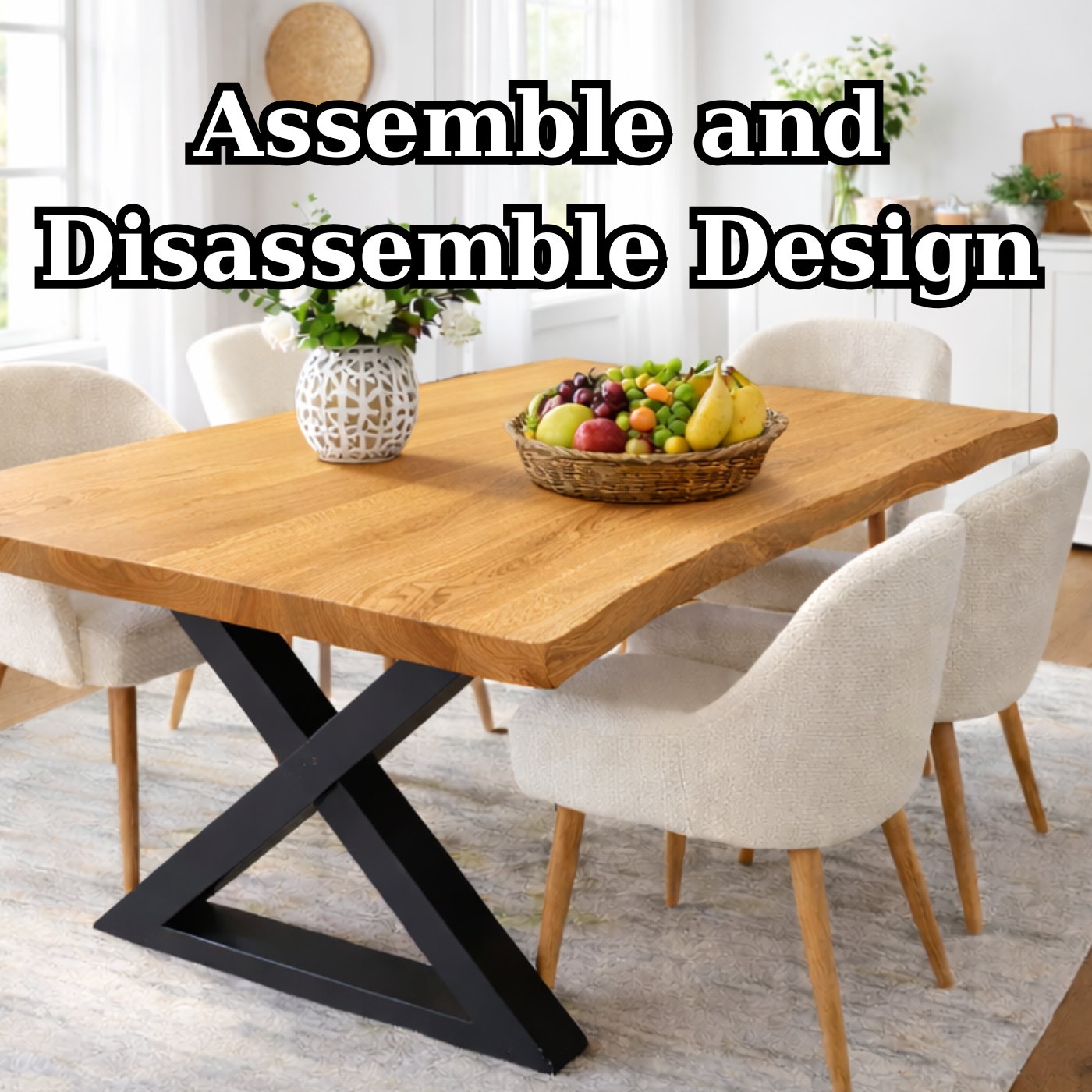 Modern Solid Oak Live Edge Dining Table with Black Steel X Base for Minimalist Homes