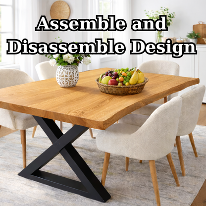 Modern Solid Oak Live Edge Dining Table with Black Steel X Base for Minimalist Homes