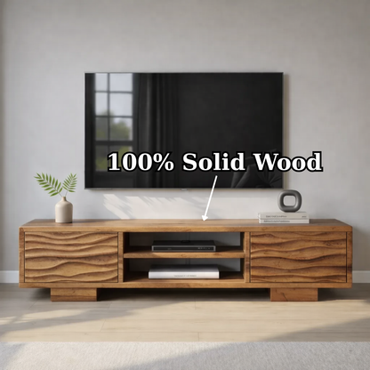 Modern Solid Wood TV Stand with Wave Front Drawers and Open Media Shelf Kitchnce
