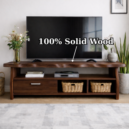 Mid-Century Solid Wood TV Stand with Drawer and Open Storage Shelves Kitchnce