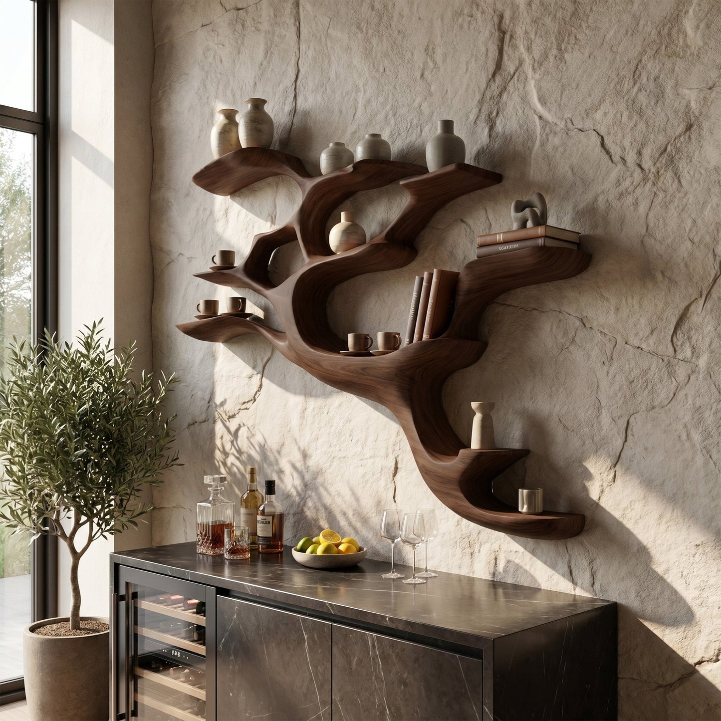 Branch Form Wood Bar Wall Shelf With Open Display