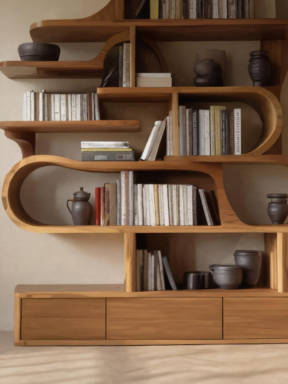 Modern Sculptural Bookshelf With Curved Design For Living Room Or Office Kitchnce