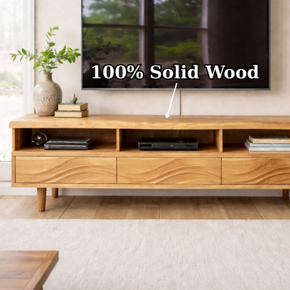 Modern Solid Wood TV Stand with Wave Drawer Fronts and Open Media Shelves Kitchnce