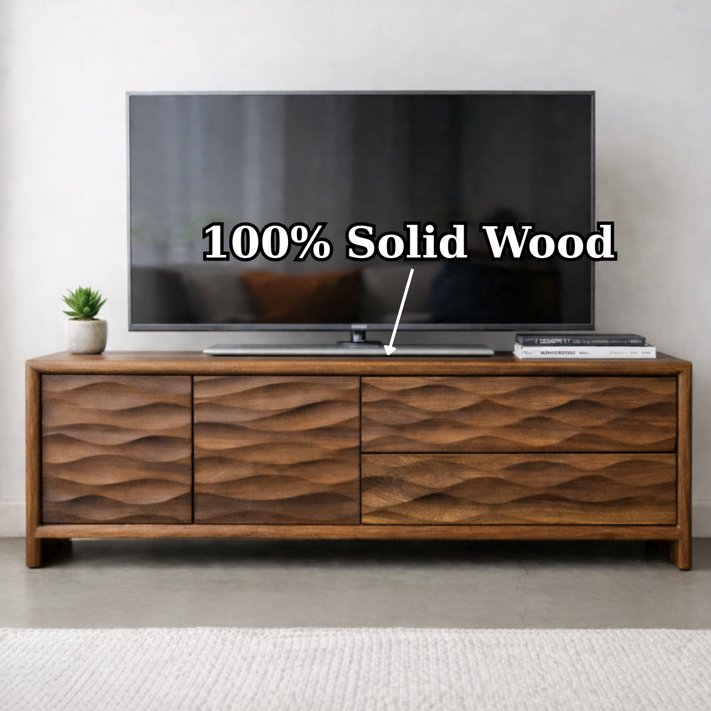 Modern Soild Wood TV Stand with Textured Wave Cabinet Doors and Storage Drawers Kitchnce