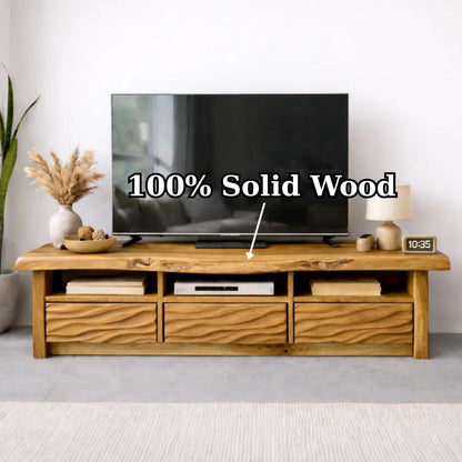 Natural Solid Oak TV Stand with Wavy Drawer Fronts, Rustic Media Console for Living Room Kitchnce