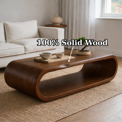 Sculptural Walnut Coffee Table with Curved Design and Open Shelf, Modern Living Room Decor Kitchnce