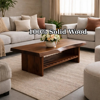 Live Edge Walnut Coffee Table with Slatted Shelf, Natural Modern Design for Living Room Kitchnce
