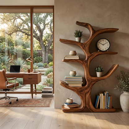 Modern Wood Bookshelf Sculptural Curved Design For Living Room Kitchnce