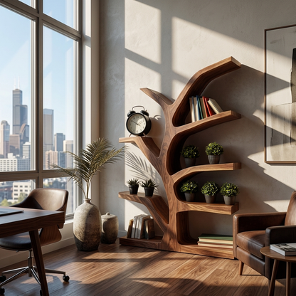 Wooden Bookshelf With Organic Form For Living Area Kitchnce