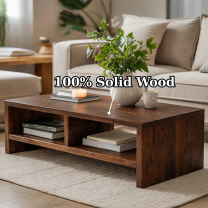Solid Wood Coffee Table with Open Storage, Rustic Design for Living Room and Décor Kitchnce