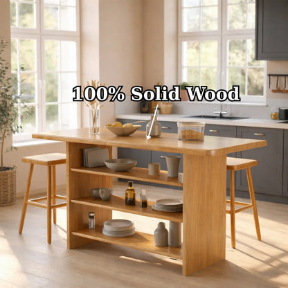 Solid Wood Kitchen Island with Open Storage Shelves and Kitchen Bar Table Kitchnce