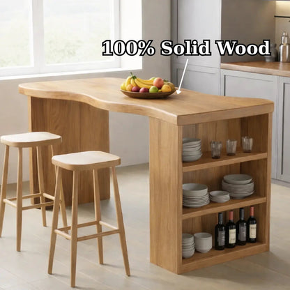 Solid Wood Kitchen Island with Curved Edge Top and Open Shelf Storage Breakfast Bar Kitchnce