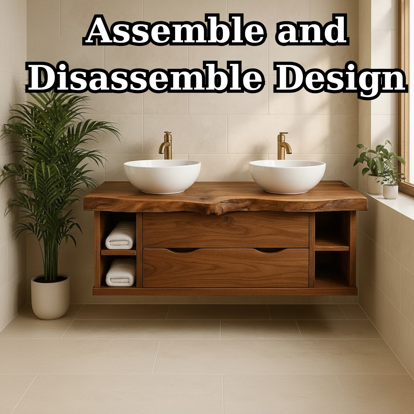 Handcrafted Solid Wood Live-Edge Double Vanity - Rustic Floating Console with Storage Kitchnce