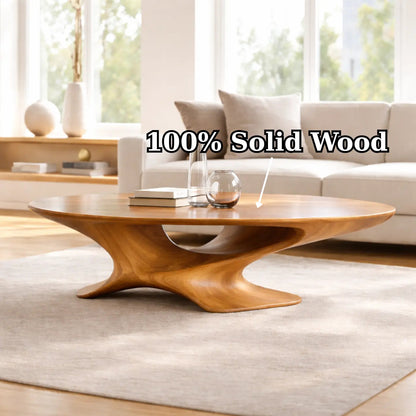 Modern Solid Wood Coffee Table with Sculptural Base and Round Wooden Living Room Table Kitchnce