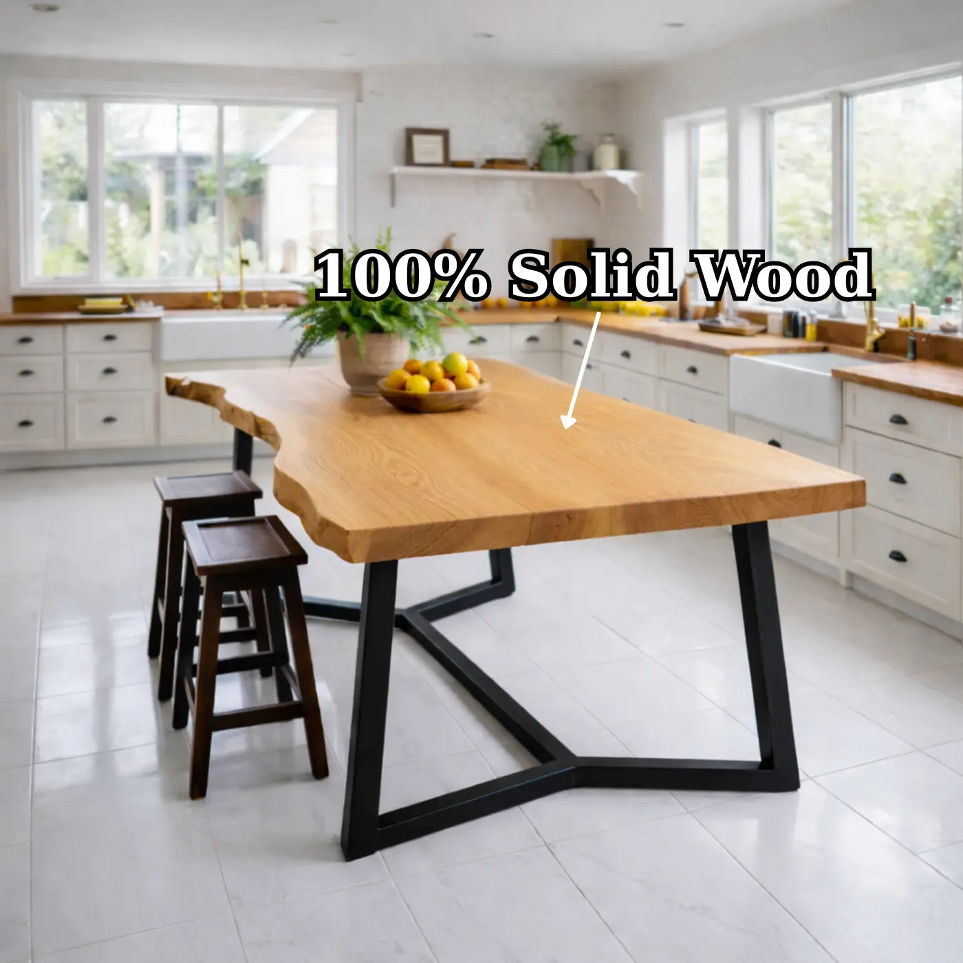 Live Edge Solid Wood Dining Table with Modern Black Metal Legs Rustic Kitchen Table Kitchnce