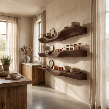 Rustic Solid Wood Wall-Mounted Shelf with Live Edge Design