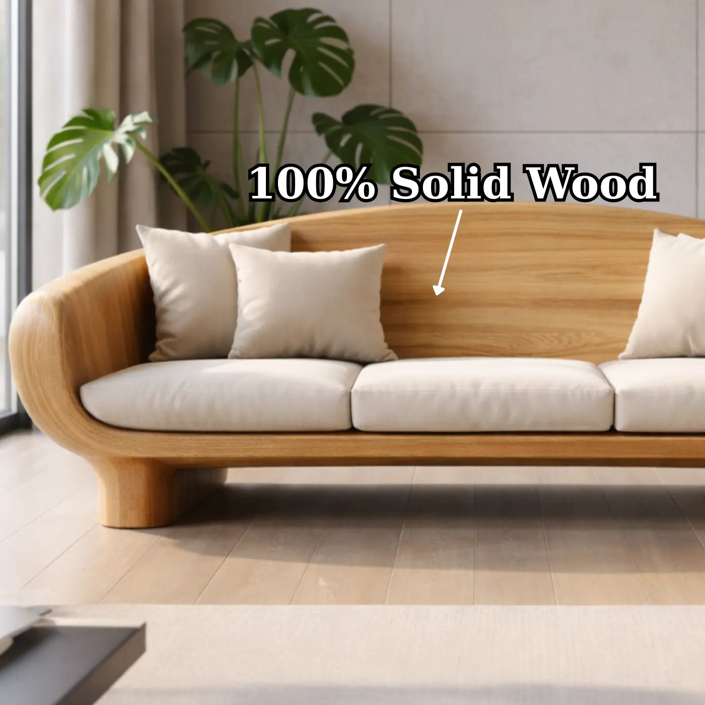 Modern Solid Oak Sofa with Curved Wooden Frame Minimalist Scandinavian Living Room Couch Kitchnce